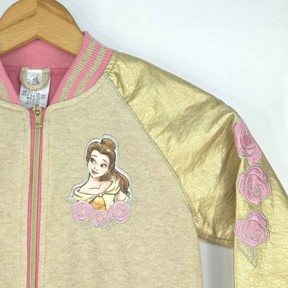 Disney Belle Gold Sleeve Bomber Jacket Girls 7/8 Floral Embroidery Princess Cute